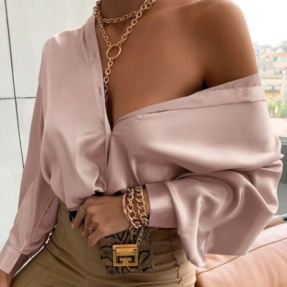 Button down Bishop Sleeve Shirt Blouse Dusty Pink - Picture 2 of 6